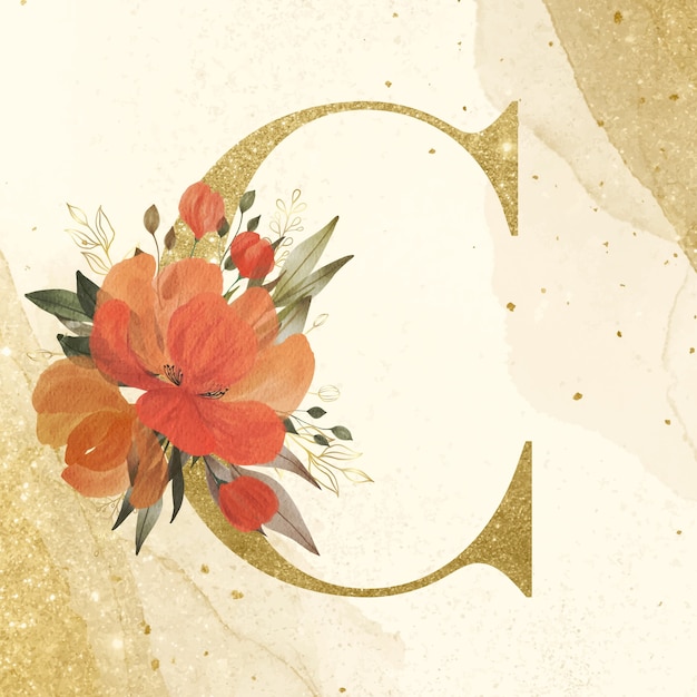 ブランディングと結婚式のロゴのための水彩花の装飾と黄金のアルファベットC