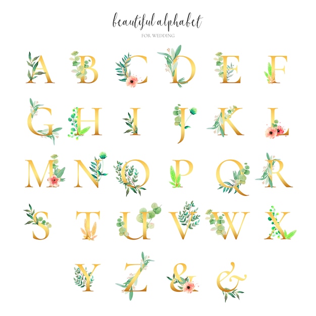 Free vector golden alphabet collection with floral ornaments