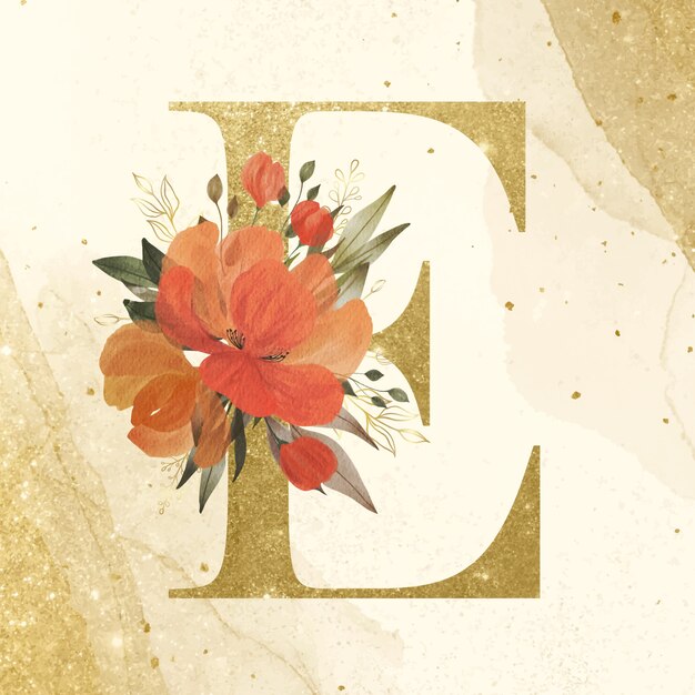 Golden alphabet E with watercolor flower decoration for branding and wedding logo