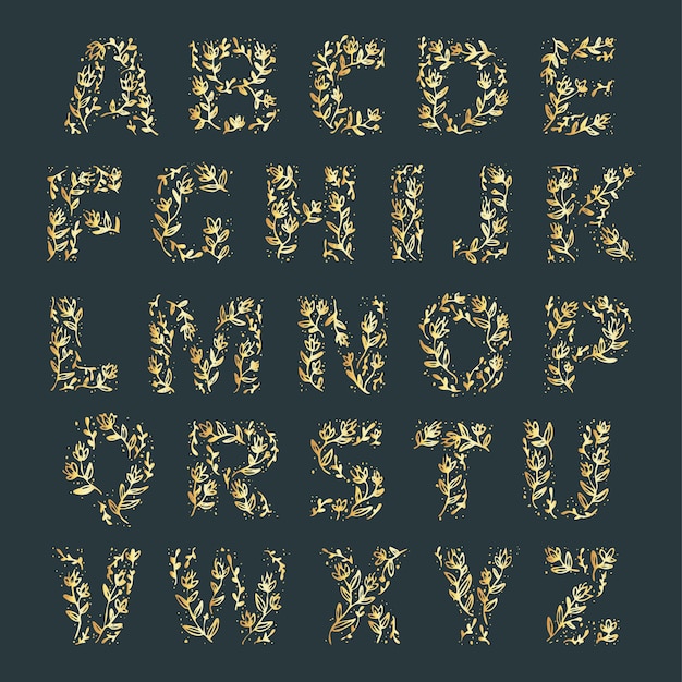 Золотой алфавит с элегантными цветами на буквах
