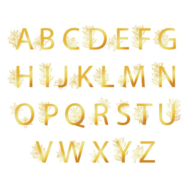 Golden alphabet with elegant flowers