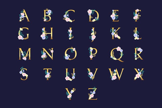 Golden alphabet with elegant flowers