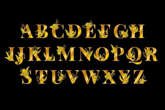 Golden alphabet with elegant flowers