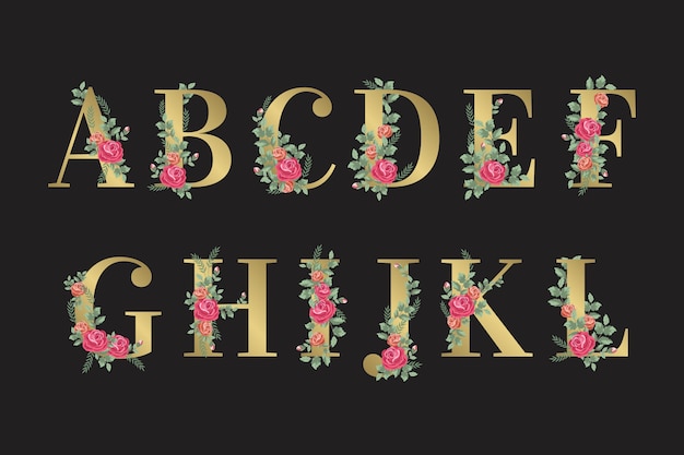 Golden alphabet with elegant flowers