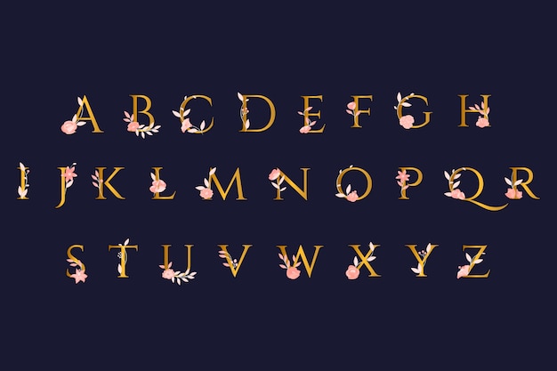 Golden alphabet with elegant flowers