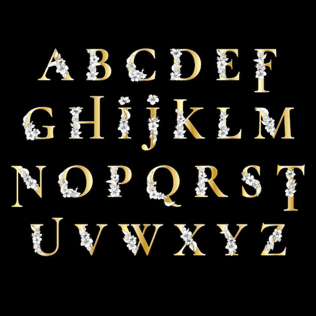 Golden alphabet with elegant flowers