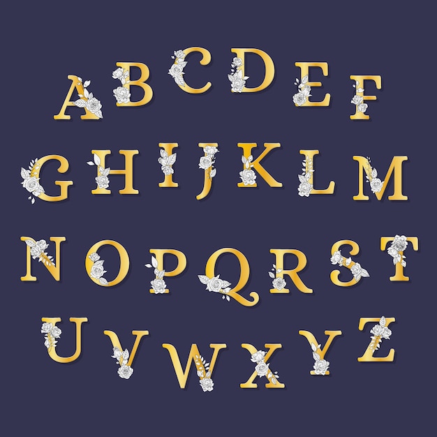 Golden alphabet with elegant flowers