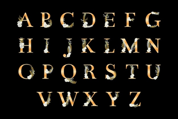 Golden alphabet with elegant flowers