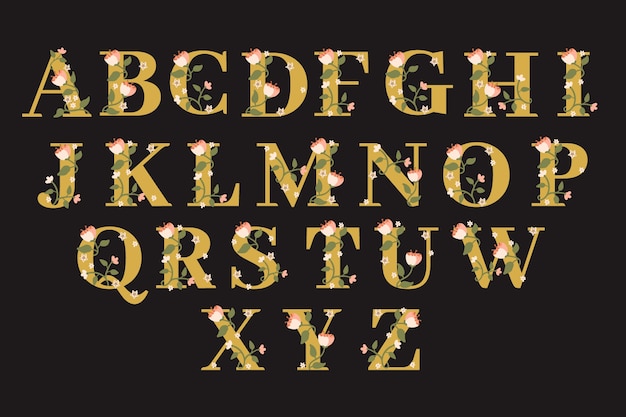 Golden alphabet with elegant flowers