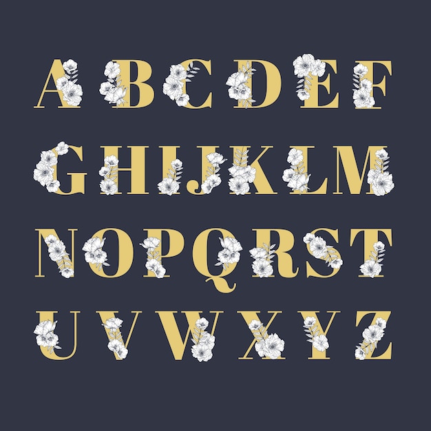 Golden alphabet with elegant flowers