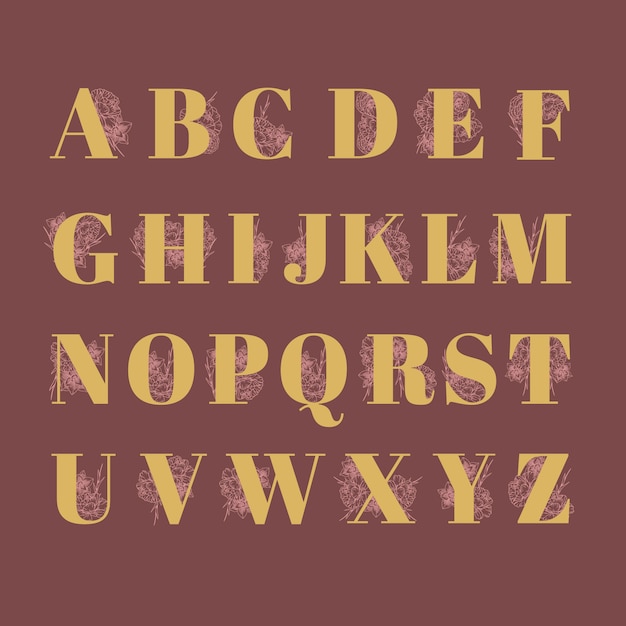 Golden alphabet with elegant flowers