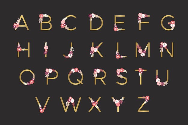 Golden alphabet with elegant flowers