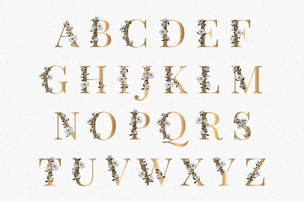 Golden alphabet with elegant flowers