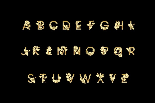 Golden alphabet with elegant flowers