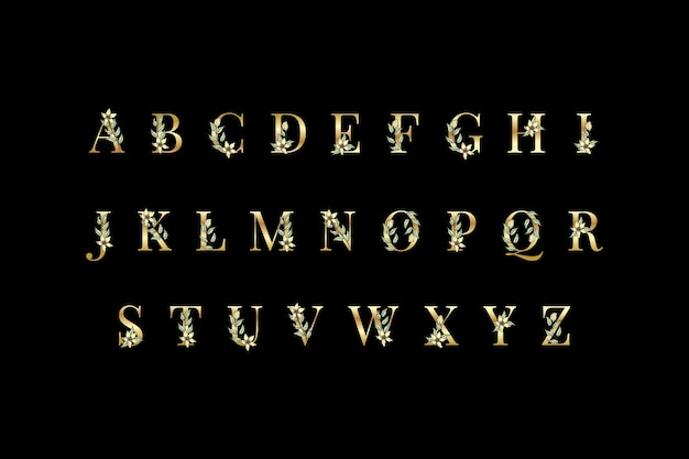 Golden alphabet with elegant flowers