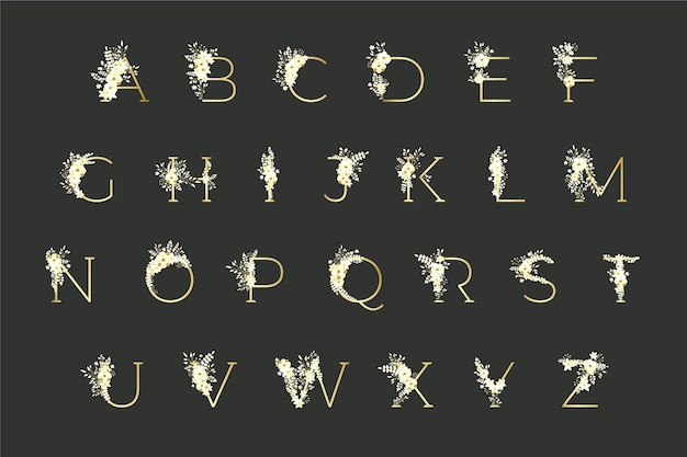 Golden alphabet with elegant flowers