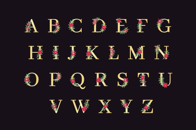 Golden alphabet with elegant flowers