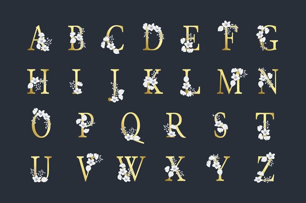 Golden alphabet with elegant flowers