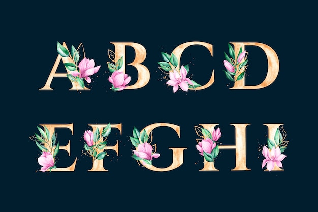 Free vector golden alphabet with elegant flowers