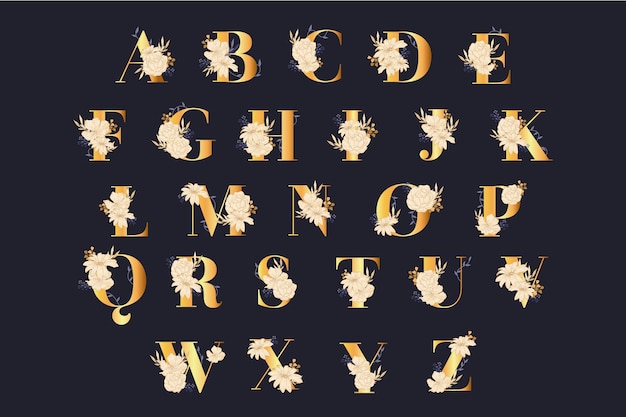 Golden alphabet with elegant flowers