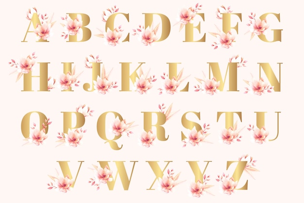 Golden alphabet with elegant flowers