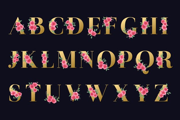 Golden alphabet with golden flowers