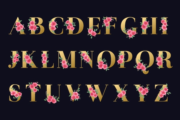 golden alphabet with golden flowers