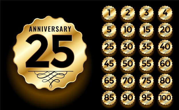 Бесплатное векторное изображение Золотая юбилейная этикетка и набор логотипов эмблем