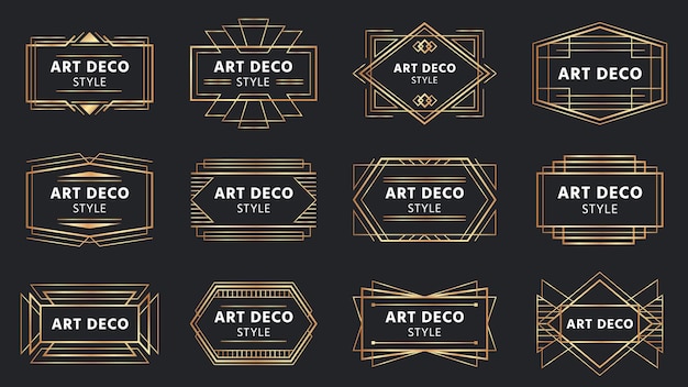 Golden art deco badges. gold frame label, decorative badge and geometric frames set.