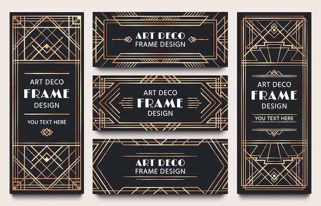 Golden art deco banner frames. geometric gold lines frame, luxury decorative corners and premium label