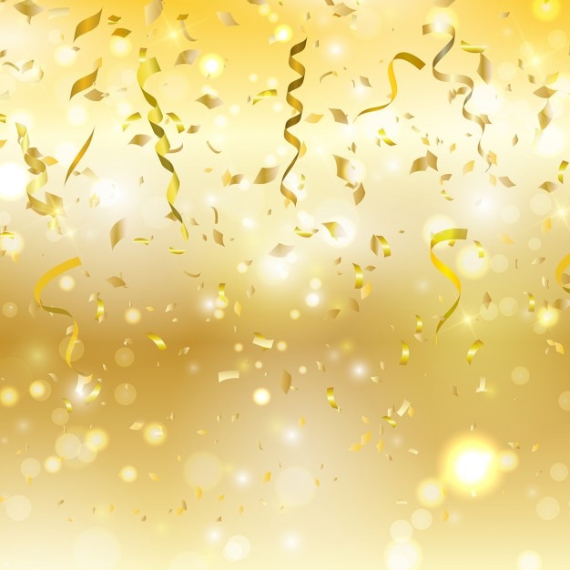 Free vector golden background with confetti and streamers