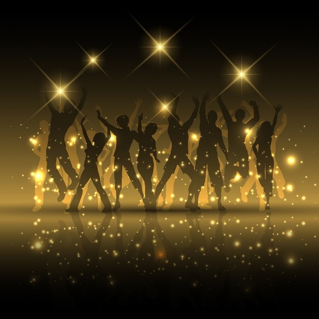 Free vector golden background with silhouettes of people partying