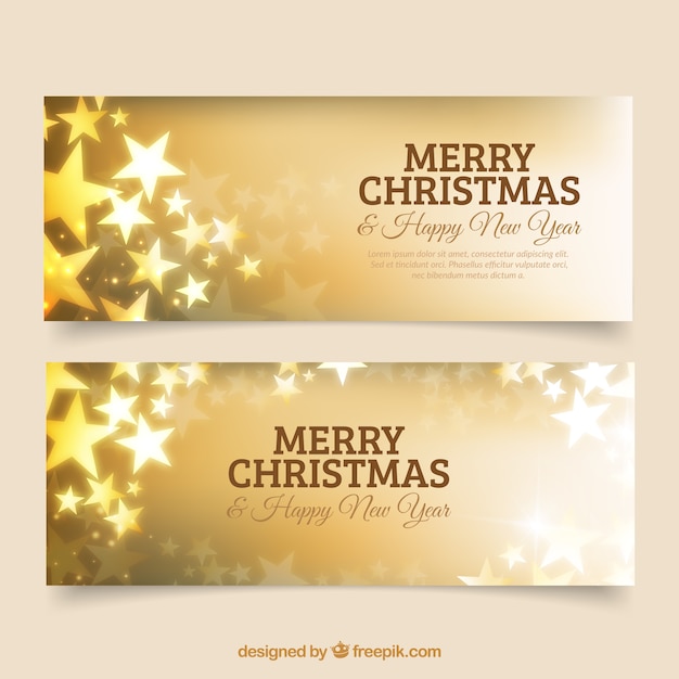 Golden banners for merry christmas and new year with stars