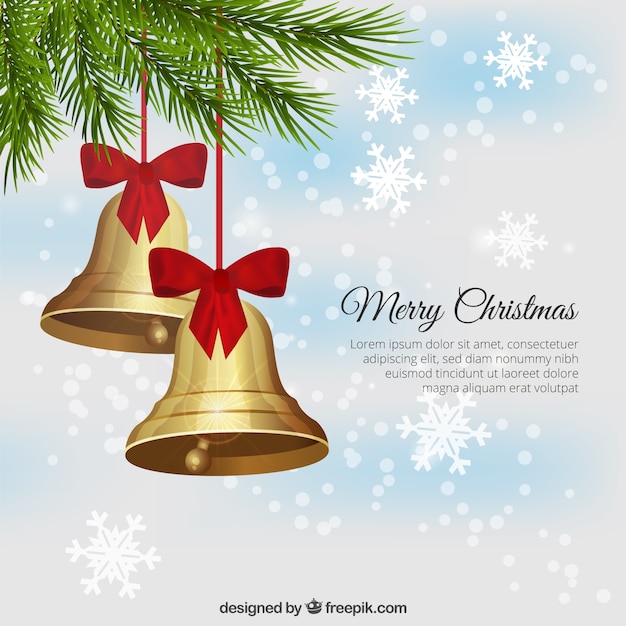 Free vector golden bells on a snowflake bokeh background