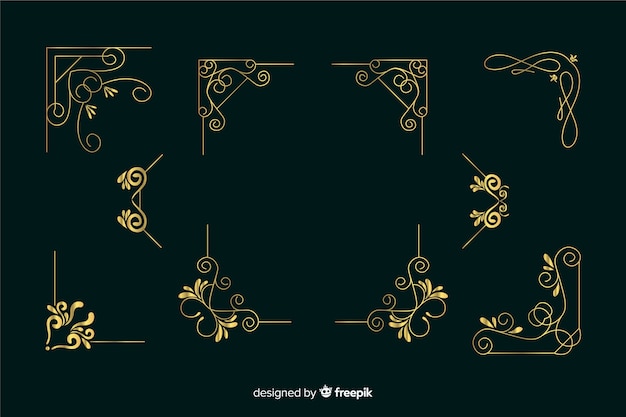 Golden border ornament collection on dark green background