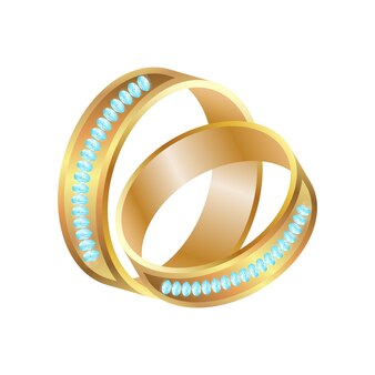 Золотые обручальные кольца жениха и невесты с векторной иллюстрацией бриллиантов