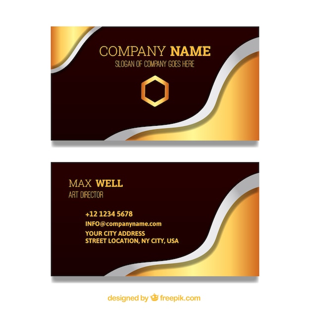 Free vector golden business card with wavy forms