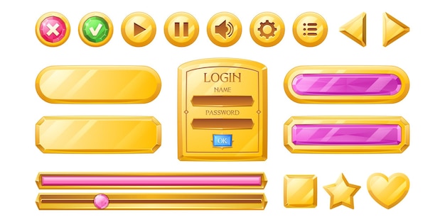 Бесплатное векторное изображение Золотые кнопки для пользовательского интерфейса игры, элементы пользовательского интерфейса