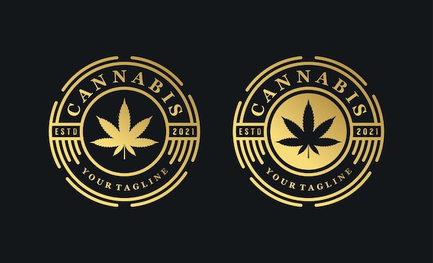 Golden cannabis marijuana badge label logo design template