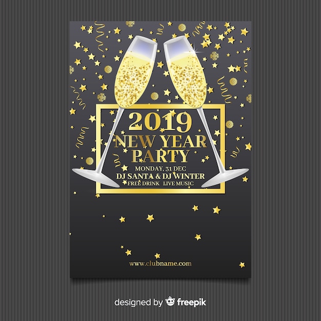 Free vector golden champagne new year party poster template