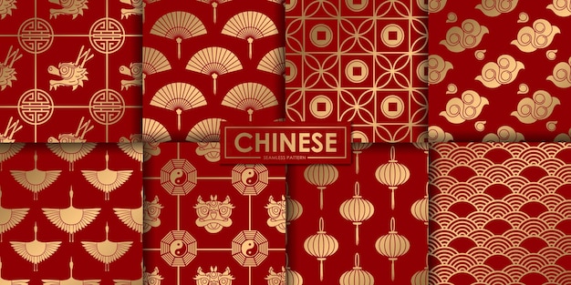 Golden chinese seamless pattern collection.