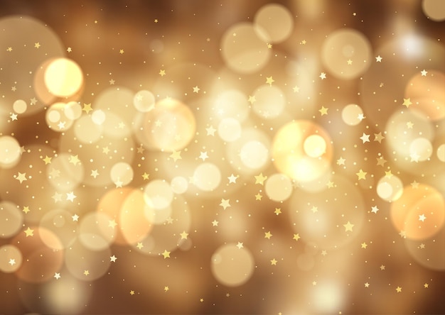 Free vector golden christmas background with bokeh lights and stars design