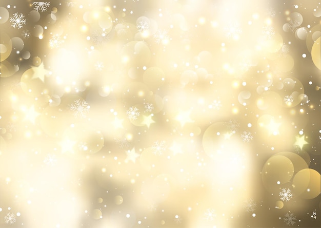 Free vector golden christmas background with snowflakes and bokeh lights design