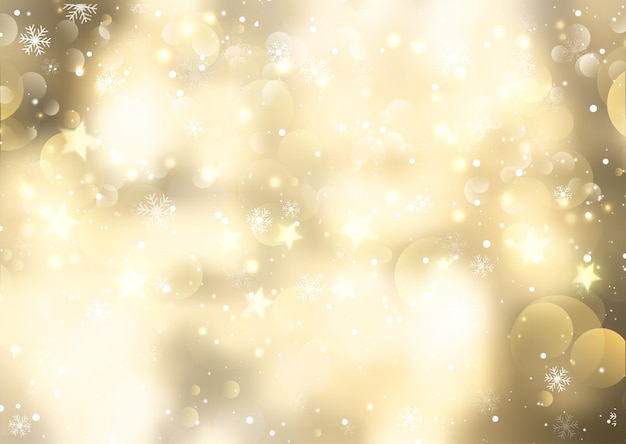 Golden christmas background with snowflakes and bokeh lights design