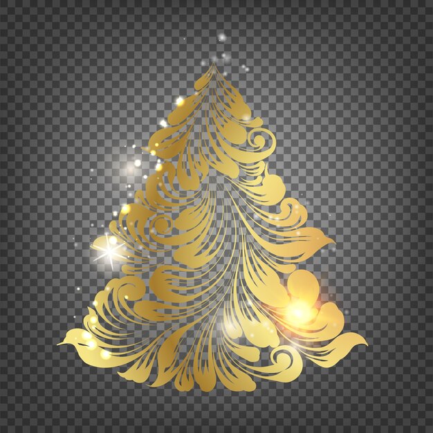 Golden christmas fir tree over the transparent background.