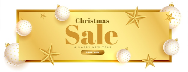 Free vector golden christmas sale banner with realistic xmas balls and stars