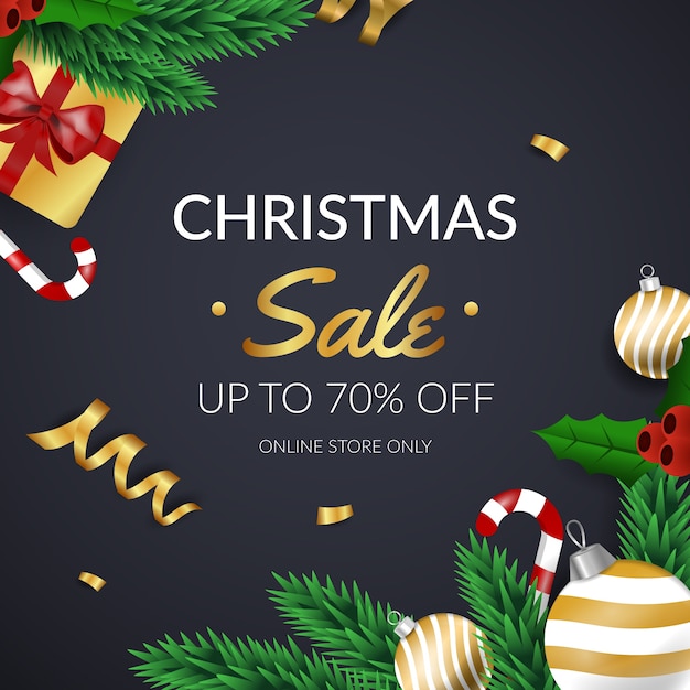 Golden christmas sale with pine leaves and gifts