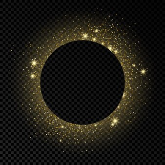 Golden circle frame with glitter, sparkles and flares on dark transparent  background. empty luxury backdrop. vector illustration.