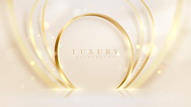 Golden circle with blurred curve line and bokeh arounds elements, luxury cream color backdrop, realistic 3d design.