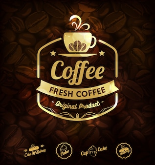 Golden coffee labels and coffee beans background